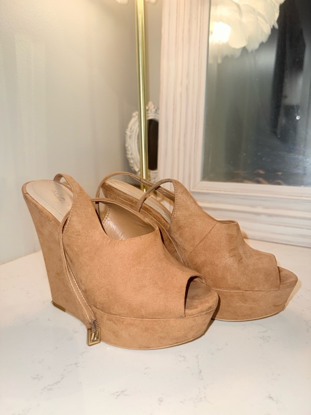 Women's Tan Suede Peep-Toe Wedge Sandals by ALDO